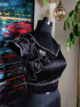 Load image into Gallery viewer, Black lycra satin blouse with pewter zardozi