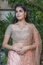 Load image into Gallery viewer, Peach lehenga with print and embroidery
