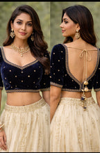 Load image into Gallery viewer, Navy velvet blouse with antique zardozi
