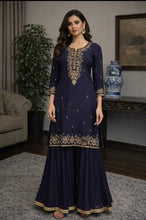 Load image into Gallery viewer, Navy silk sharara suit  with antique zardozi
