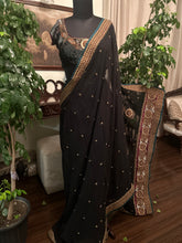 Load image into Gallery viewer, Black crepe saree with vintage embroidery
