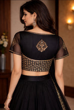 Load image into Gallery viewer, Black boat neck blouse with dull gold embroidery
