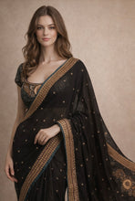 Load image into Gallery viewer, Black crepe saree with vintage embroidery
