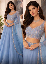 Load image into Gallery viewer, Blue floral lehenga in georgette
