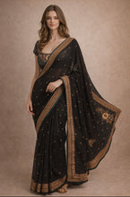 Load image into Gallery viewer, Black crepe saree with vintage embroidery
