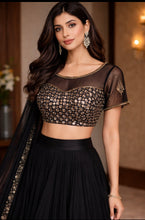 Load image into Gallery viewer, Black boat neck blouse with dull gold embroidery

