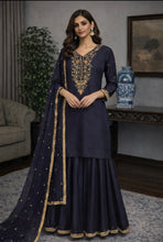 Load image into Gallery viewer, Navy silk sharara suit with antique zardozi
