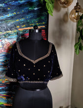 Load image into Gallery viewer, Navy velvet blouse with antique zardozi
