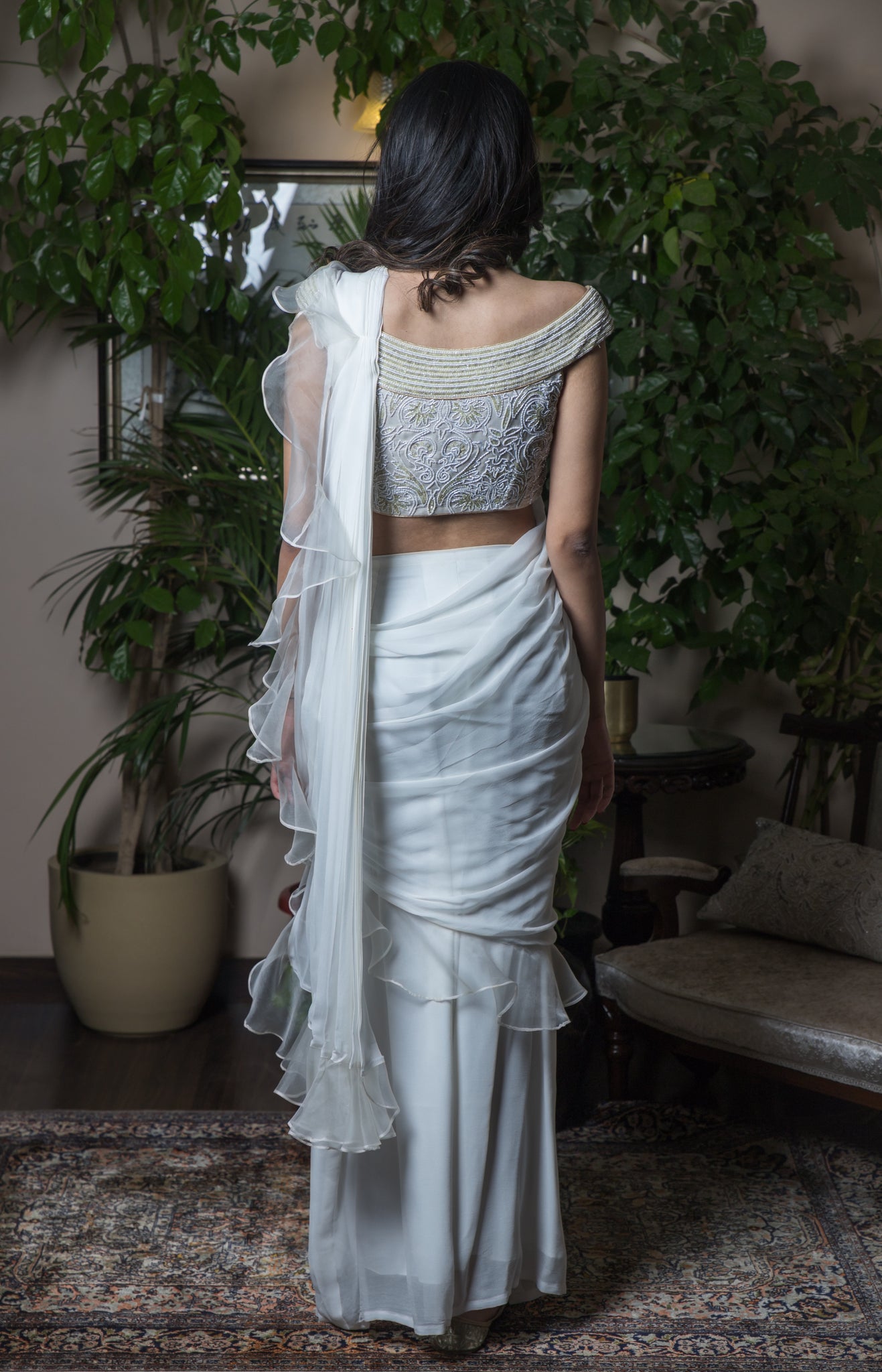 Off White Ruffle Saree - Biiba Fashion