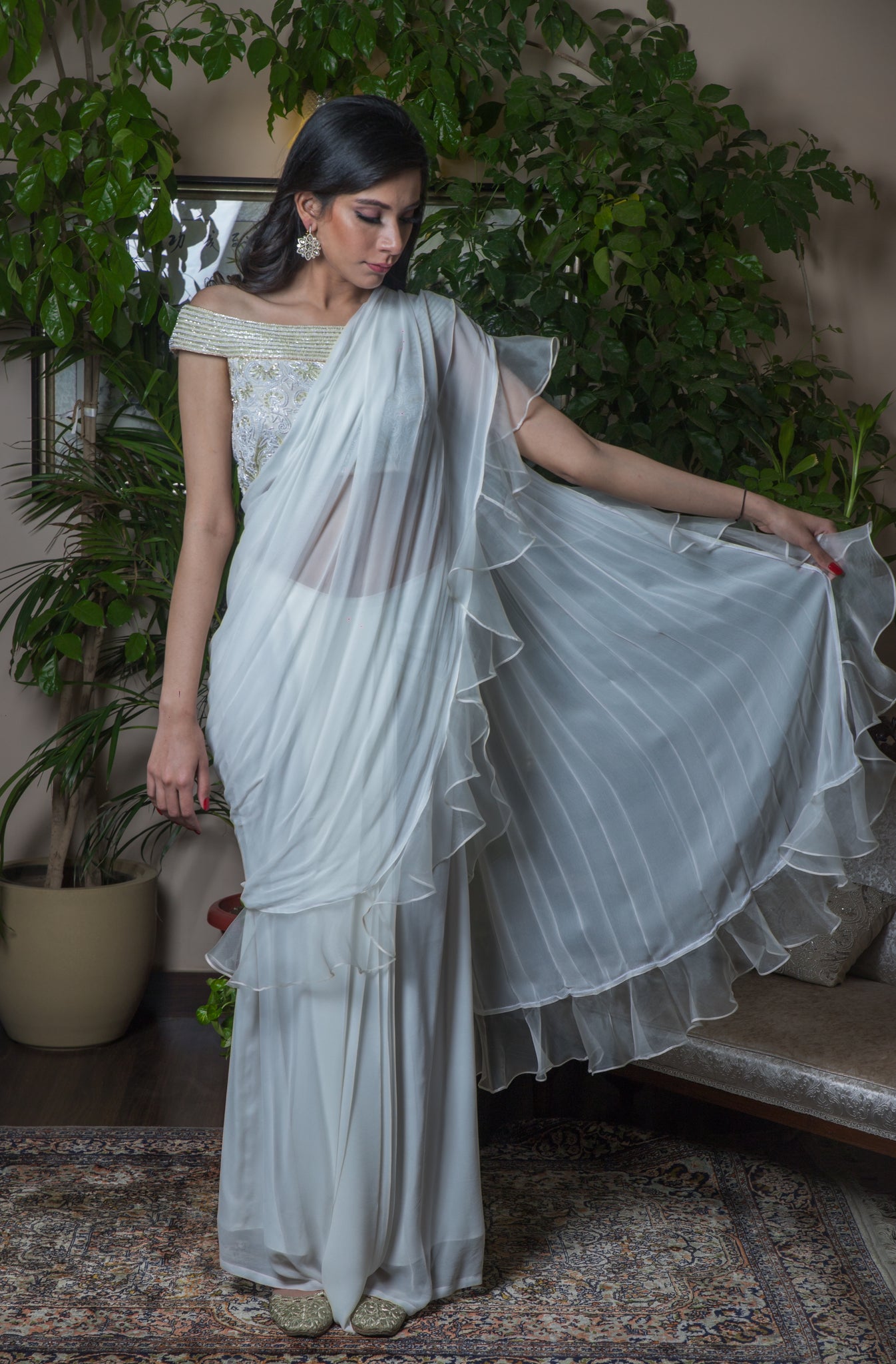 Modal Cotton White Sequins Ruffle Saree|Starry Galaxy|Suta