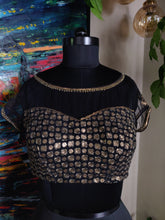 Load image into Gallery viewer, Black boat neck blouse with dull gold embroidery

