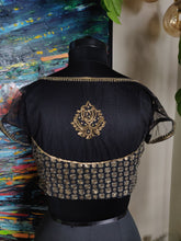 Load image into Gallery viewer, Black boat neck blouse with dull gold embroidery
