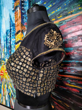 Load image into Gallery viewer, Black boat neck blouse with dull gold embroidery
