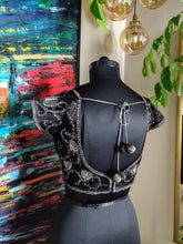 Load image into Gallery viewer, Black lycra satin blouse with pewter zardozi
