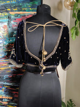 Load image into Gallery viewer, Navy velvet blouse with antique zardozi
