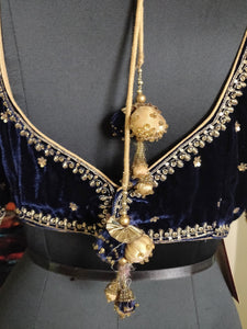 Navy velvet blouse with antique zardozi