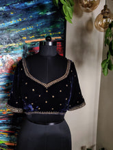 Load image into Gallery viewer, Navy velvet blouse with antique zardozi
