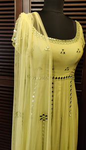 Lime green ombre anarkali with mirror work