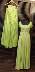 Lime green ombre anarkali with mirror work