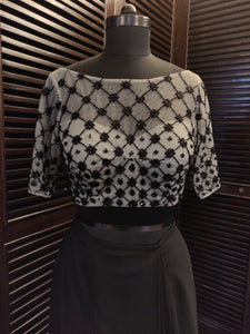 Grey cocktail blouse with black embroidery
