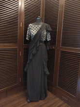 Load image into Gallery viewer, Black  predraped saree with ruffles
