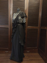 Load image into Gallery viewer, Black  predraped saree with ruffles
