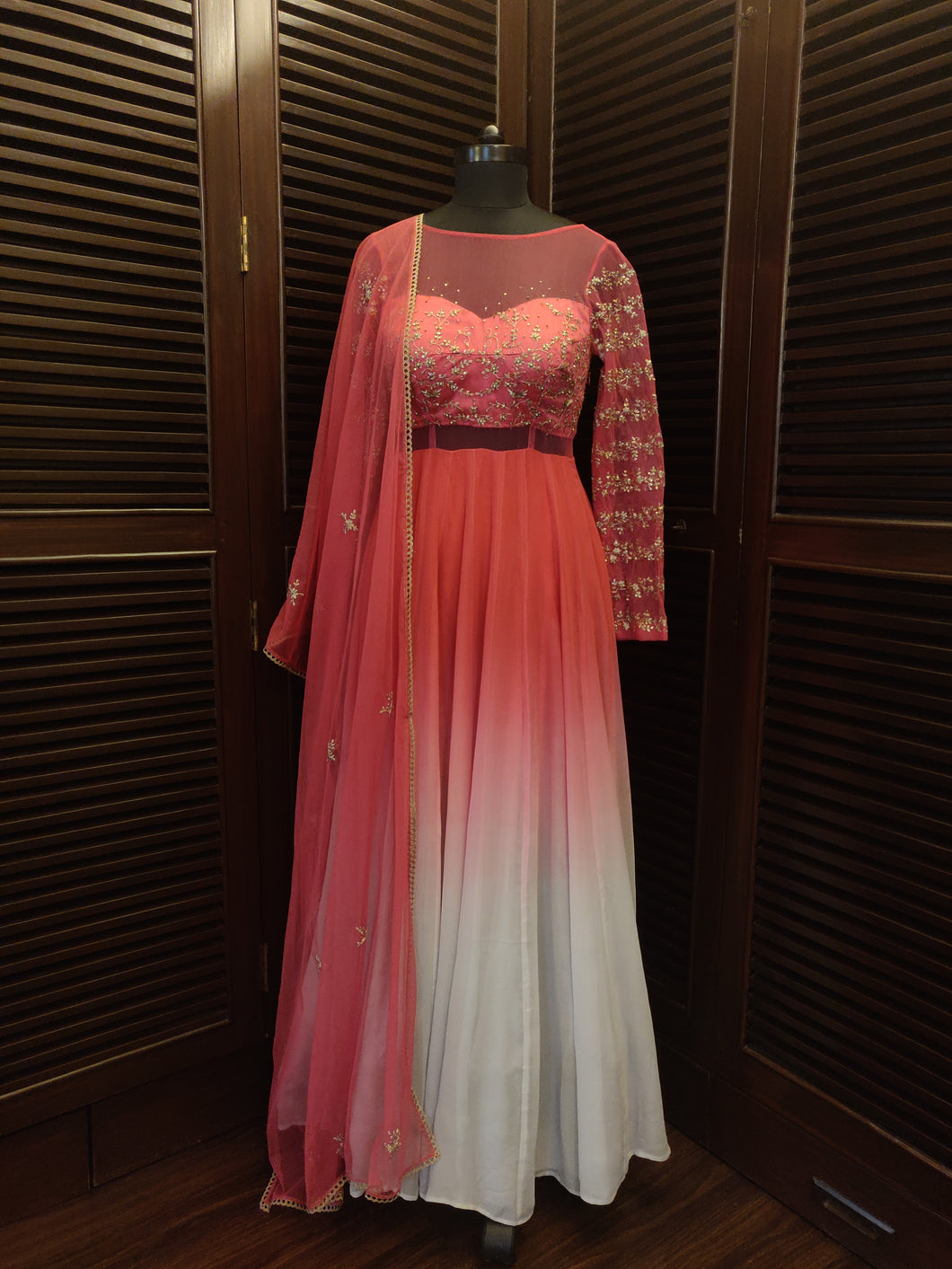 Ombre  coral pink and grey anarkali gown