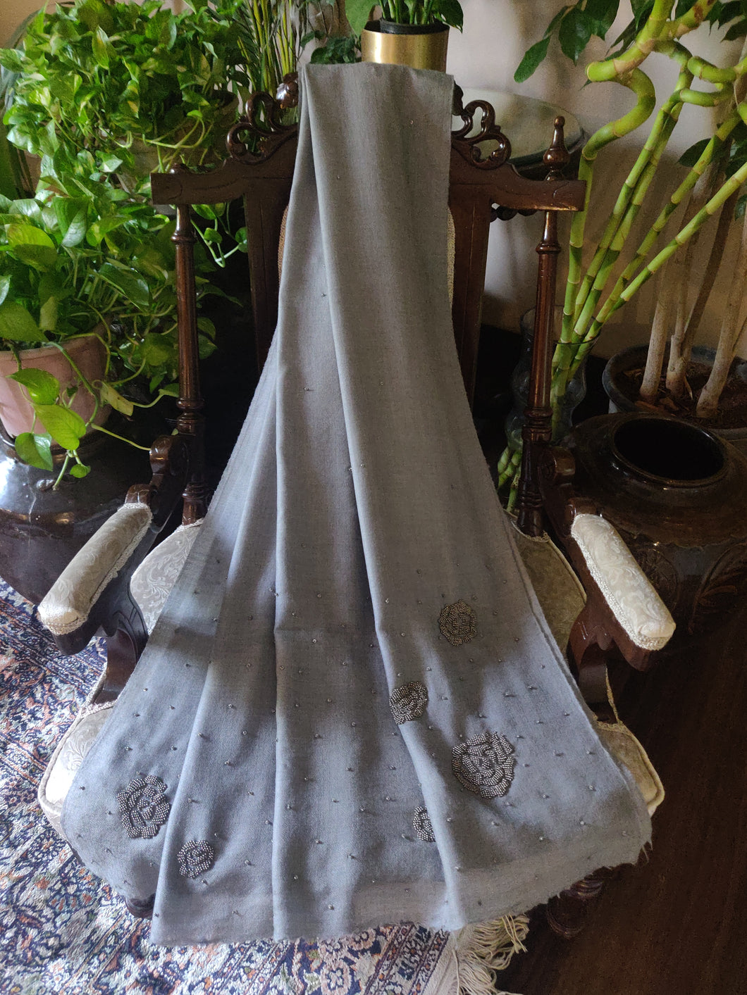 Grey ombre pashmina shawl with beadwork tassles