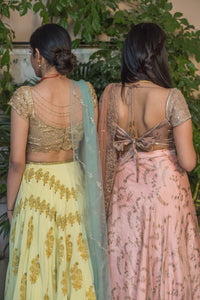 Peach lehenga with  print and embroidery
