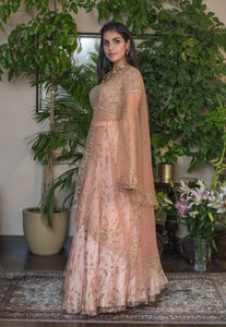 Peach lehenga with  print and embroidery