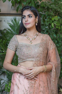 Peach lehenga with  print and embroidery